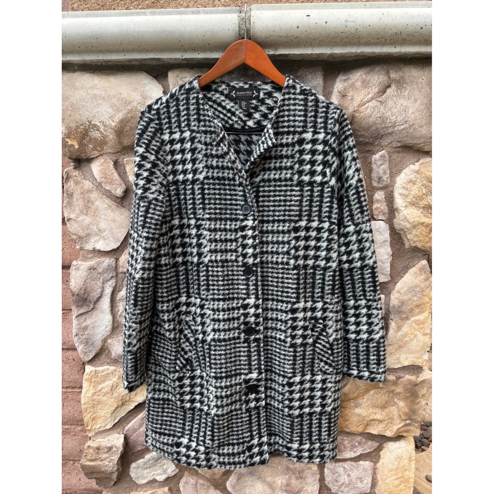Nanette Lepore Houndstooth Wool Coat Long Coat Women's Size Medium Black White